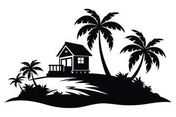 Obraz premium Silhouette of Island Getaway with Palm Trees and Beach House Illustration Style Art