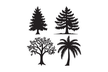 Silhouettes of four different types of trees on a white background