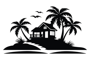 Obraz premium Black Silhouette of Beach House on Island with Palm Trees and Birds Flying