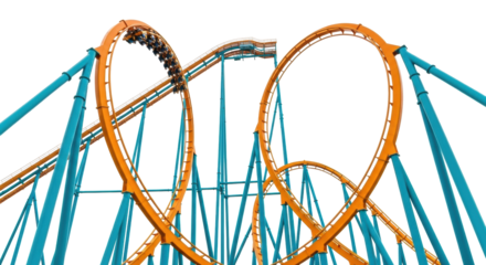 Modern roller coaster, vibrant orange tracks, robust teal supports, large loops, sharp curves, low angle, transparent studio background with copy space, concept of thrill and architectural