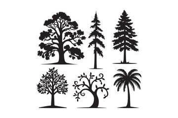 Fototapeta premium Collection of diverse tree silhouettes in black and white