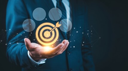 Goal Achievement Visualization: A person holds a glowing target, representing achieving goals, success, and focus within a visionary corporate scene.