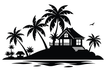 Obraz premium Black Silhouette Illustration of Tropical Island with Palms, Cabin, and Ocean View Scene