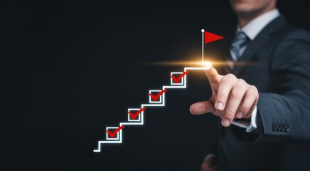 Path to success: A focused businessman reaching for the top, as a visual metaphor for business strategy, growth and the journey to reach business objectives, set against a sleek black background.