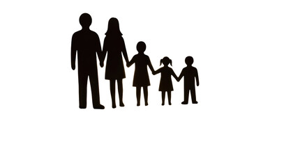 Dark paper cutout silhouettes of a family holding hands, casting long dramatic shadows on a textured surface, bathed in warm golden hour light with bokeh. Concept of family togetherness