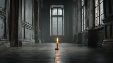 A solitary candle with a flickering flame stands in the center of a large, dark, empty room with grand windows. The single light source creates a mysterious and peaceful atmosphere