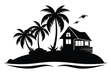 Obraz premium Silhouette of a Beach House, Palm Trees, and Two Birds on a Tropical Island