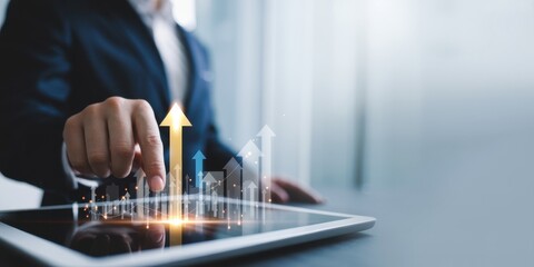 Financial Growth Visualization: A professional in a business suit delicately interacts with a digital tablet interface, her fingers activating a 3D augmented reality display of financial growth.