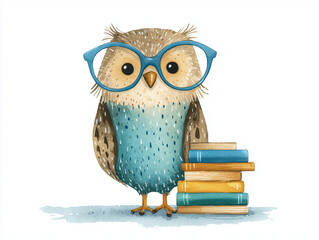 a friendly owl in blue glasses holding a neat pile of watercolor books, isolate on white background