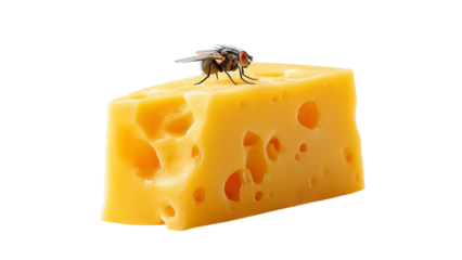PNG of A close-up of a fly perched on a piece of yellow cheese, highlighting its texture and vibrant color.