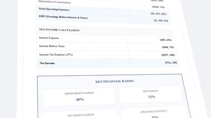 Professional financial statement document with animated calculations and profit loss analysis - Powered by Adobe