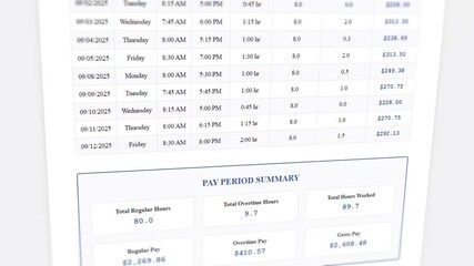 Employee timesheet record with animated data filling and payroll calculations progression