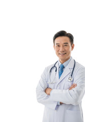 A middle-aged Asian male doctor in a crisp white lab coat and blue striped tie, stethoscope, arms crossed, warm smile, direct eye contact, transparent studio background with copy space, medical