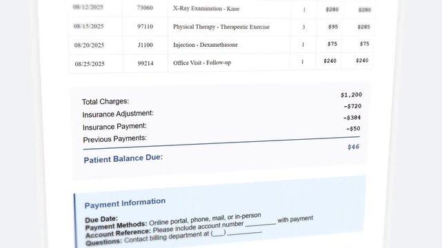 Medical billing statement with animated cost calculations and insurance breakdown progression