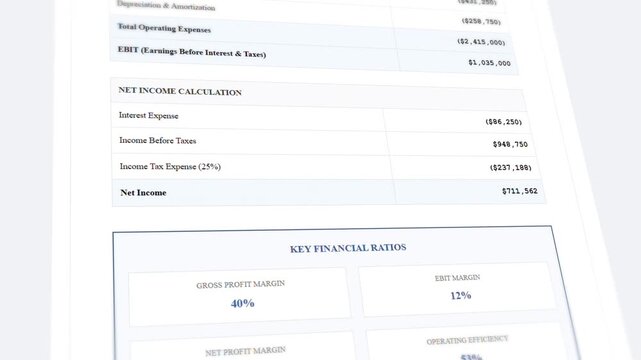 Professional financial statement document with animated calculations and profit loss analysis