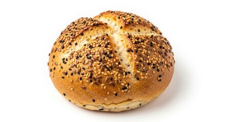 A round goldenbrown bread roll sprinkled with sesame and flax seeds