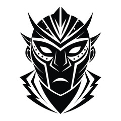 Black and White Illustration of a Demonic or Tribal Mask with Horns