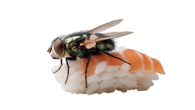 PNG of A close-up of a shiny green fly perched on a piece of sushi, showcasing an unusual juxtaposition of nature and cuisine.