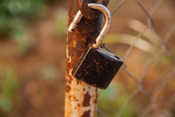 There is a lock on a metal post. The lock is rusted, against the background of a chain-link fence. Country fence.