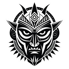 Fototapeta premium Black and White Tribal Mask Illustration with Horns and Geometric Patterns Design