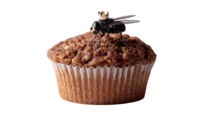 PNG of A whimsical scene featuring a crowned black fly perched on a delicious muffin, evoking a charming and playful mood.