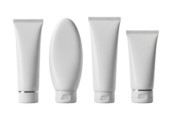 Four distinct unbranded matte white plastic tubes with various cap designs (flip-top, screw, pump) on a transparent studio background with soft shadows. Concept for cosmetic packaging mockups