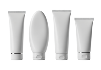 Four distinct unbranded matte white plastic tubes with various cap designs (flip-top, screw, pump) on a transparent studio background with soft shadows. Concept for cosmetic packaging mockups