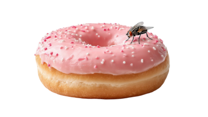 PNG of A delicious pink frosted donut with sprinkles, featuring a fly perched atop, creating a humorous contrast.