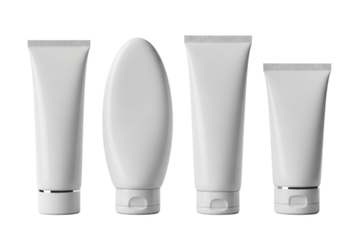 Four distinct unbranded matte white plastic tubes with various cap designs (flip-top, screw, pump) on a transparent studio background with soft shadows. Concept for cosmetic packaging mockups