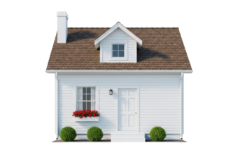 Classic white clapboard house with brown roof, red flowers in box, green bushes, white door, on transparent ground with reflection, transparent background. Idealized real estate concept