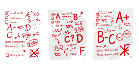 Student's graded exam papers displaying letter grades, percentages, and feedback for educational concepts and academic progress
