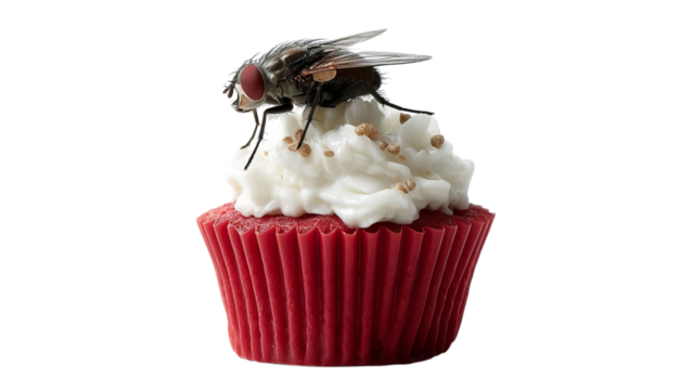 PNG of A close-up shot of a fly perched on top of a red velvet cupcake with white frosting and sprinkles. - Powered by Adobe