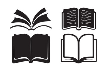 Four stylized black and white illustrations of open books