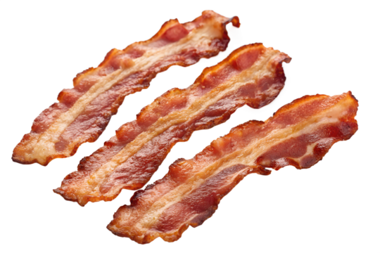 Delicious Crispy Strips of Bacon A Tempting Close-Up of Fried Pork Ready to Enjoy on a White Background