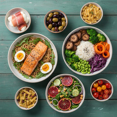 Vibrant Gourmet Feast Flat-Lay on Rustic Teal Table: Perfect for Nutrition Guides, Wellness Focus, Restaurant Marketing, Advertising, Editorial Food Features, or Food Industry Promotions