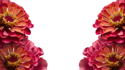 PNG of Vibrant pink and orange zinnias frame a blank space, showcasing their beauty and intricate details against a dark background.