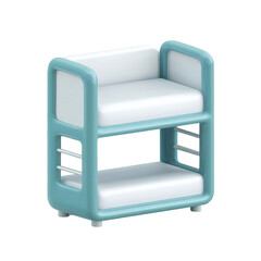 A modern, minimalist turquoise and white bunk bed designed for children, isolated on a transparent background, showcasing a compact and stylish furniture piece for a nursery or playroom
