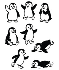 A black and white coloring page featuring adorable penguins delivering letters (with hearts on them) to a polar bear
