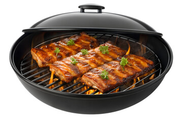 Delicious BBQ Ribs Grilling on a Black Kettle Grill, Perfect for Summer Cookouts and Outdoor Dining