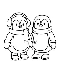 A black and white coloring page featuring adorable penguins delivering letters (with hearts on them) to a polar bear