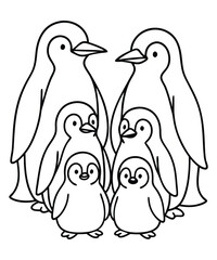 A black and white coloring page featuring adorable penguins delivering letters (with hearts on them) to a polar bear