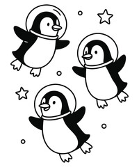 A black and white coloring page featuring adorable penguins delivering letters (with hearts on them) to a polar bear