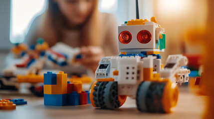 Robot Creation: Colorful toy robot and building blocks for interactive learning. A child works in the background. Education, play, creativity, STEM concept.