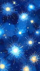 Naklejka premium A vibrant design showcases a multitude of bursting fireworks against a deep blue night sky, evoking a festive and celebratory mood.