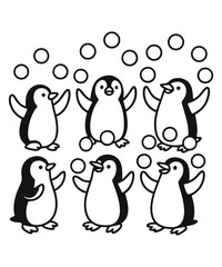 A black and white coloring page featuring adorable penguins delivering letters (with hearts on them) to a polar bear