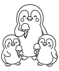 A black and white coloring page featuring adorable penguins delivering letters (with hearts on them) to a polar bear