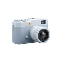 A stylish, modern, and compact digital camera with a retro design, featuring a light blue and white color scheme, a prominent lens, and a small viewfinder, isolated on a transparent background