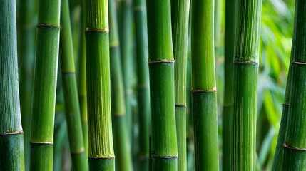 Obraz premium Green bamboo forest with tall bamboo stems in natural light.