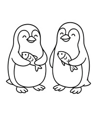 A black and white coloring page featuring adorable penguins delivering letters (with hearts on them) to a polar bear