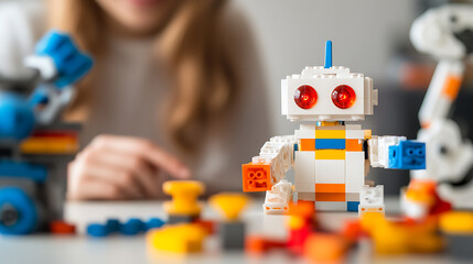 Robots constructed from blocks.  Educational play.  Robotics and early STEM learning concepts. Hands-on learning. Creative building and fun for all.